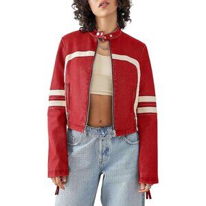 Women Red Faux Leather Zip Up Cropped Jacket Stand Collar Moto Coat